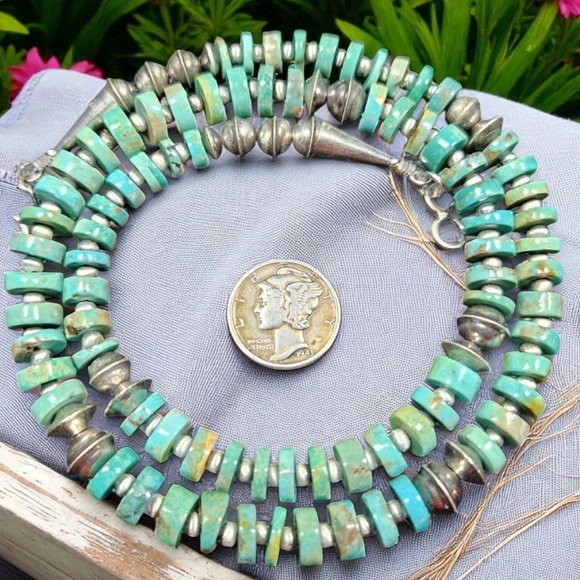 Sterling NAVAJO Pearl Graduated Turquoise Bench Beads Necklace VTG Silver 20" - Picture 8 of 9
